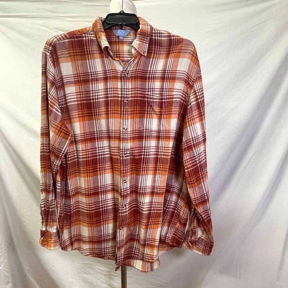 TACKLE & TIDES Orange Red Plaid Long Sleeve Men's Flannel Shirt XXL